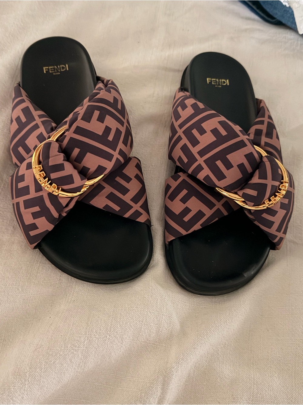 Fendi Women's Brown FF Logo Slide Sandals with Gold Ring Accent